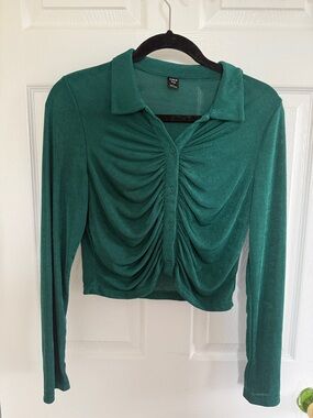 SHEIN Deep Emerald Ruched Button-Front Long Sleeve Top